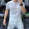 Camisa de verano de manga corta con cuello redondo para hombre, de algodón mercerizado, cómoda, transpirable, ajustada, de media manga, con letras de diamantes de imitación, a la moda