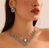 Collar Ovalado de Doble Capa con Flor Pequeña de Estilo Étnico Europeo y Americano, Aretes de Botón, Moda Elegante, Estilo Indio, Joyería con Gema Roja para Mujer