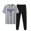 Terno de calça de manga curta masculino 2022 Novo Jovem Masculino esportivo casual gola redonda moderno estampado conjunto de duas peças
