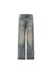 Vibe da High Street Americana Jeans Rasgado Lavado Retrô Masculino Tendência Perna Reta Efeito Emagrecedor Cleanfit Calça Longa