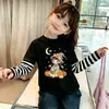 Top Básico Dulce y Lindo Cuello Redondo Nuevo Estilo Primavera y Otoño Falso Dos Piezas Patchwork Rayado Algodón Puro Manga Larga para Niñas