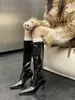 Botas de tacón de aguja blancas con punta fina, Botas elásticas ajustadas femeninas, Botas de tacón alto con cremallera trasera adelgazantes