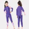 Traje de Banho Infantil para Meninas, Manga Longa e Calça Longa, Estilo Fashion Color-Blocking, Respirável e de Secagem Rápida, Roupa de Banho para Fontes Termais de Meninas
