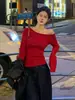 Hilo de mechaÚnico top de punto rojo de manga larga asimétrico (un hombro al descubierto) para mujer, estilo puro y seductor, top de un solo hombro