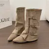 Botas de mujer fruncidas estilo 'hot girl', botas de jinete con hebilla de cinturón, nuevo estilo otoño/invierno 2026, tacón grueso, punta fina, botas ajustadas hasta la mitad de la pantorrilla