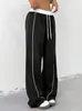 Y2K Nuevo Estilo Moda Transfronteriza Europea y Americana Primavera y Verano Pantalones Deportivos Negros Versátiles para Mujer, Pantalones de Pierna Ancha Casuales Holgados de Nicho