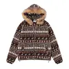 Chaqueta con Capucha y Cuello de Piel de Cordero Estilo Fair Isle para Hombre y Mujer Invierno Nuevo Holgada Retro Estilo Étnico Engrosada Cálida Abrigo de Algodón