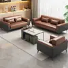 Sofá de couro minimalista moderno de três lugares sala de estar escritório comercial combinação de sofá de couro ocidental cor de café