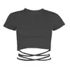 Venta caliente de verano Ins europeo y americano nuevo sexy camiseta ombliguera para mujer con tiras de encaje, top ajustado adelgazante con cordón, manga corta