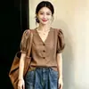 Blusa Gris con Mangas Abullonadas Estilo Francés Moda Femenina Chic Súper Bonita Estilo para Ir al Trabajo Cuello en V Talla Grande Adelgazante Temperamento Ropa de Mujer