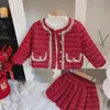 Ropa de Otoño e Invierno para Niños, Ropa para Niños, Ropa Exterior de Algodón, Falda, Conjunto de Dos Piezas de Tweed, Traje Espeso Estilo Pequeño Fragante Rojo para Niñas