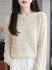 Nuevo Top de Punto Calado de Cuello Redondo para Mujer de Otoño Temprano Textura de Punto Fino Transpirable Elástico Versátil Se Puede Usar Solo o en Capas