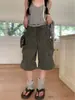 Shorts de Mezclilla Vintage Lavados de Gran Tamaño Estilo Retro Americano con Bolsillos de Trabajo para Mujer, Pantalones Rectos de Longitud Media Holgados Adelgazantes Estilo Callejero