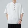 Verão 2025 Novo Estilo Chinês Cor Sólida Gola Alta Algodão e Linho Retrô Terno Tang Estilo Chinês Camiseta Top Masculino Retrô Tendência