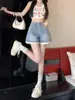 Shorts de Mezclilla Chic Dulces y Picantes para Mujer Verano Cintura Alta Adelgazantes Pierna Ancha Corte A Tallas Grandes Versátil Petite Con Cuentas Encaje