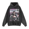 Sudadera con capucha de estilo anime japonés negro, con lavado pesado y acabado desgastado, estilo callejero, hombros caídos, en stock