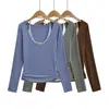 CL26187-26 T-shirt de manga comprida lisa estilo coreano de outono, corte justo, gola V, imitação de duas peças, top básico casual solto