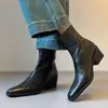 Botas de cuero slim para otoño e invierno para mujer, con suela silenciosa, tacón grueso, punta cuadrada, caña corta, cremallera trasera, estilo retro versátil