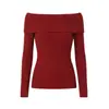 Top de punto elegante rojo con hombros descubiertos y manga larga para mujer, nueva camiseta básica ajustada de otoño