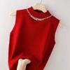2022 Nuevo Chaleco Camisola de Cuello Medio Alto con Cuentas para Mujer Sótano Corto Tejido Sin Mangas Camiseta Top de Mujer