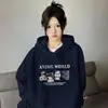 Sudadera con capucha de manga larga y estampado azul marino estilo coreano para mujer, colección otoño 2026, top versátil casual estilo coreano, prenda exterior ligera