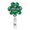 Insignia con tira para jalar Clip irlandés Extracción fácil Giratorio Retráctil Sombrero verde para festival Brillo Trébol de cuatro hojas Médico