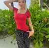 Roupas Femininas Amazon Aliexpress Verão Costela Gola Quadrada Manga Curta Justo Body Sexy Versátil Cintura Alta Modelador