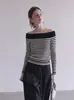 Top de punto a rayas con retazos de color contrastante, hombros descubiertos, manga larga para mujer, diseño de otoño, estilo nicho, adecuado para superponer 8224