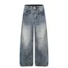 G60010 Calle Principal Estilo Americano Unisex Modernos Lavados Diseño de Patrón Rayo Bigotes de Gato Jeans Anchos Holgados para Hombre