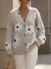 Cárdigan de Punto con Estampado Floral Transfronterizo Europeo y Americano Amazon Otoño 2026 Sitio Independiente Abrigo Suéter Jacquard de Cuello en V