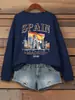 Madrid Espanha Impressão de Edifício Moletons Femininos Gola Redonda Roupas Hip Hop Soltos Casuais Pulôver Todos
