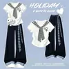 Conjunto Estilo Casual 2026 Verano Nuevo Moda Coreana Único Camiseta de Manga Corta y Pantalones Casuales de Pierna Ancha Conjunto de Dos Piezas