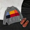 Suéter retro de bloques de color con cuello para niños, atuendo de otoño, top de punto a cuadros de color contrastante para bebé, camiseta básica suave y acogedora para niños y niñas
