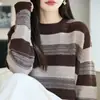 Lazy style contrasting color striped round neck knit sweater women loose pullover versatile long sleeve warm color block base layer sweater