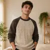 Fábrica de suéteres de tricô com gola redonda color block da marca influenciadora de sucesso transfronteiriço, malhas masculinas, venda direta do fabricante
