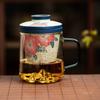 Taza de Té Camelia Roja Flintstone Azul y Blanca Taza de Vidrio para Separar Té y Agua Taza de Escritorio de Gama Alta con Tapa para Uso en Casa