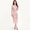 Vestido de encaje de manga corta de moda transfronterizo con cuello bordado, vestido rosa de longitud media ligero formal para verano