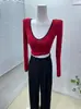 Ins Internet Popular Estilo Extranjero Color de Contraste Cuello en V Ajustado Sexy Manga Larga Camiseta Mujer Corta Ajustada Camisa Base Interior Top Delgado
