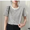 Camiseta Listrada Preto e Branco Estilo Cross-Border para Mulheres, Manga Curta, Nova Tendência Verão 2026 Versão Coreana, Camiseta Solta, Top Básico Gola Redonda