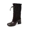 Botas de Media Caña de Piel de Vaca+Ante para Mujer Botas Individuales Invierno Nuevo Punta Cuadrada Con Cordones Patchwork Tacón Grueso Redondo Botas de Moda Mujer