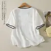 Nueva camiseta de punto de algodón y lino de manga corta, holgada, adelgazante y rejuvenecedora, con bordado de dibujos animados, de nicho