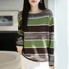 Suéter de tricô feminino com gola redonda, blocos de cor, listras largas, design vazado, mangas compridas, estilo pullover, verde e marrom retrô, top solto e casual