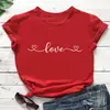 Nova Camiseta Estampada de Coração de Amor para o Dia dos Namorados Estilo Europeu e Americano Gola Redonda Manga Curta Feminina Camiseta de Comércio Exterior
