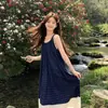 Vestido sin mangas de cuadros azules, estilo artístico francés, inspirado en el bosque vintage, fresco y casual, vestido largo tipo camisola de vacaciones