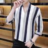 Camisa de verano con mangas de siete puntos para hombre, moderna, informal, ajustada, a cuadros, con rayas verticales, de seda helada