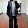 Sudadera con Capucha a Cuadros Falsa de Dos Piezas Americana 2024 Cárdigan para Hombres y Mujeres Chaqueta Holgada de Otoño Cleanfit Negro Gris