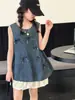 Traje para Niña 2025 Nuevo Verano Delgado Mediano y Grande Estilo Coreano Vaquero Falda con Lazo y Flores Conjunto de Dos Piezas