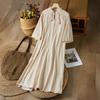 Novo Estilo Chinês Estilo Nacional Vestido de Algodão e Linho Solto Retro 2024 Novo Bordado High-end Vestido Longo Elegante Estilo Ocidental Longo