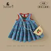 Vestido para Meninas 2026 Verão Novo Estilo Bebê Vestido Xadrez Fino Vestido Colete Sem Manga Xadrez de Cereja para Meninas