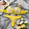 Lencería de Encaje Bordado Amarillo Estilo Europeo para Mujer Lencería Ultradelgada Transparente Ropa Interior al por Mayor